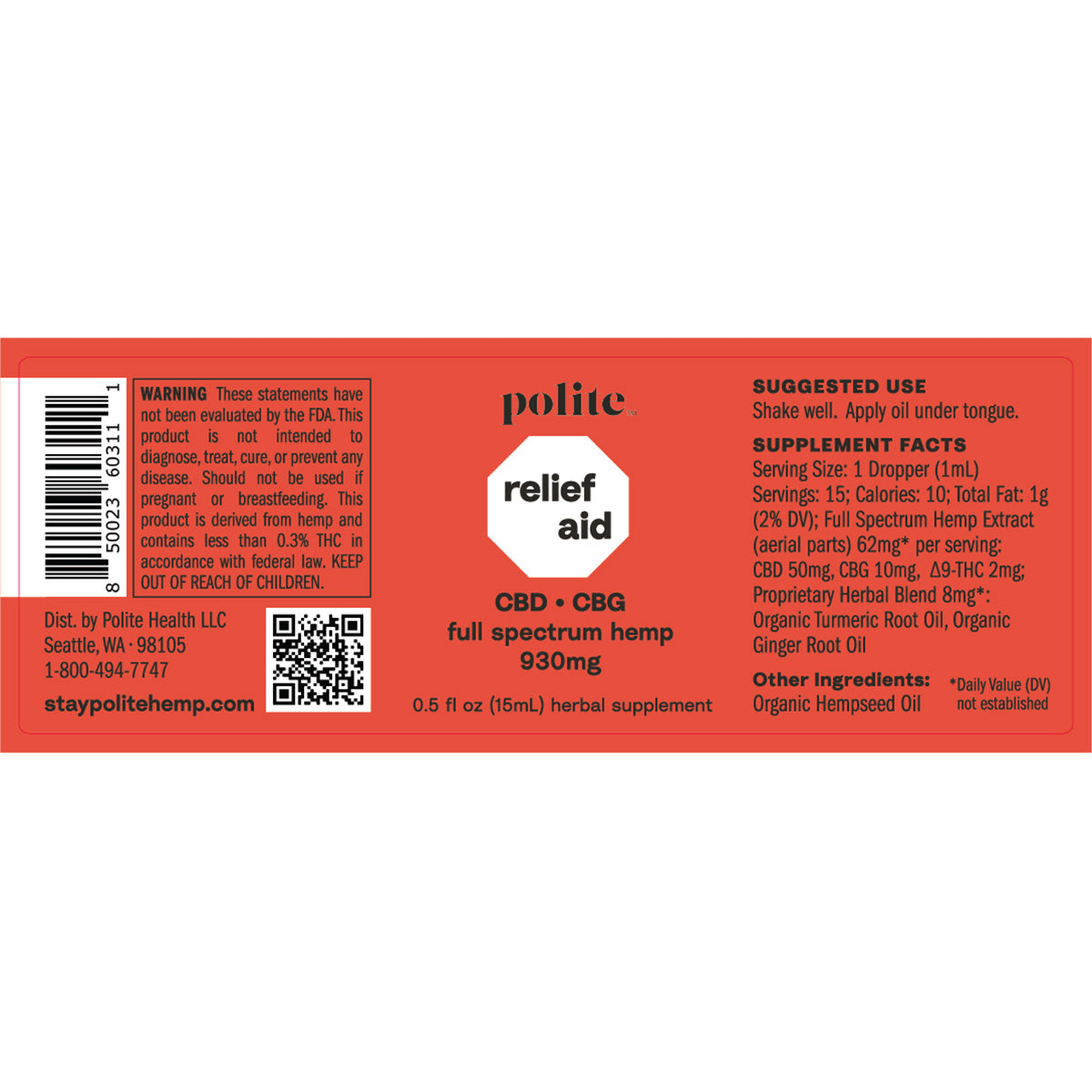 Polite Hemp Relief Aid CBD CBG Oil Drop Tincture Label